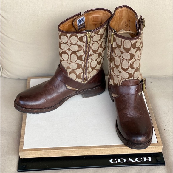 Frye Shoes - FRYE x COACH Ltd Ed Signature Brown Moto Boots 10